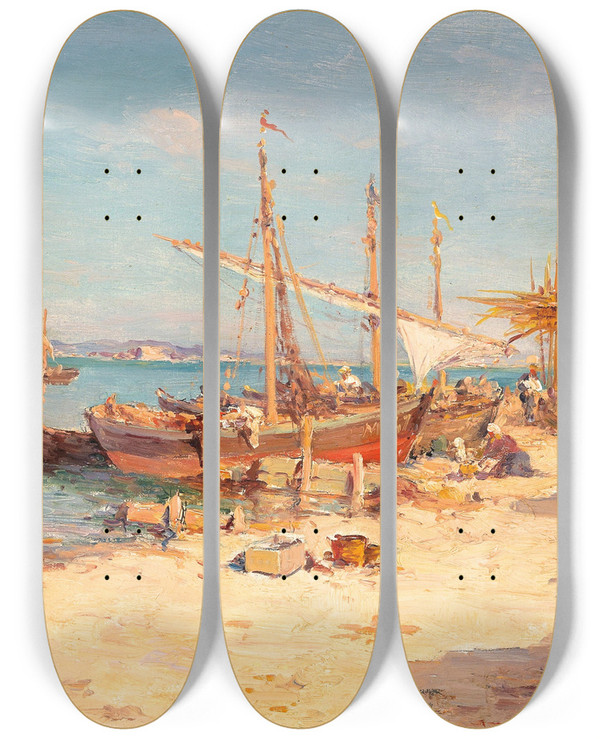 Triptych art skateboard deck of Charles Malfroy A Scene In Martigues by Charles Malfroy (1862-1918)