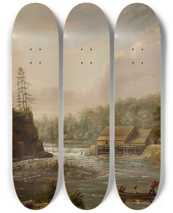 Triptych art skateboard deck of Henry Lewis Cheevers Mill On The St Croix River by Henry Lewis (1819-1904)
