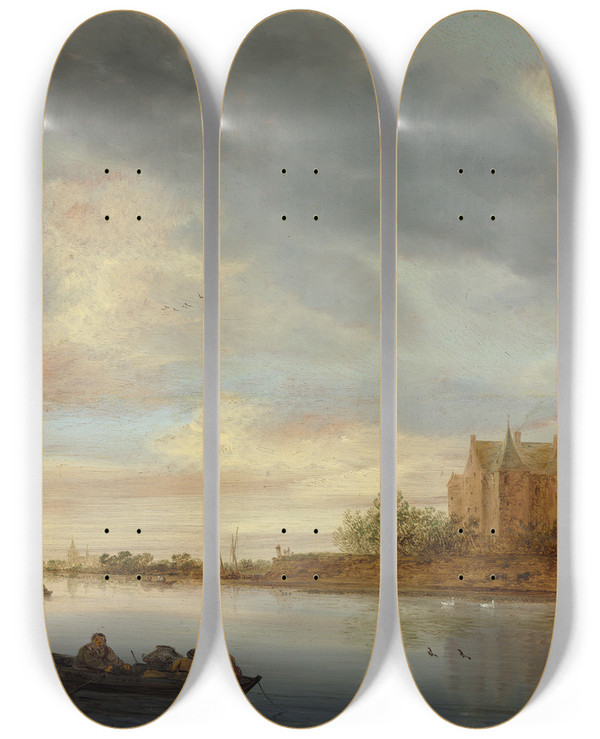 Triptych art skateboard deck of Jacob Salomonsz Van Ruysdael Castle On A River by Jacob Salomonsz Van Ruysdael (1630-1681)