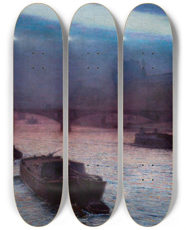 Triptych art skateboard deck of Aleksander Gierymski Evening On The Seine by Aleksander Gierymski (1850-1901)
