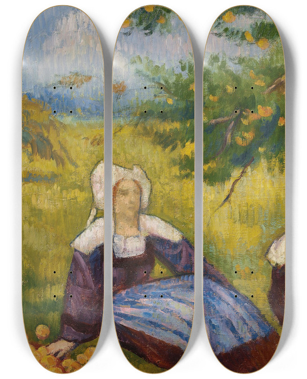 Triptych art skateboard deck of Emile Bernard Les Cueilleuses De Pommes by Emile Bernard (1868-1941)