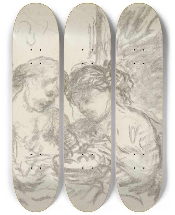 Triptych art skateboard deck of Narcisse Virgilio Daz Two Children With Basket by Narcisse Virgilio Daz
