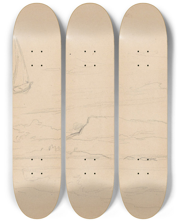 Triptych art skateboard deck of Hans Gude Btstudie Kolsstoppen by Hans Gude (1825-1903)