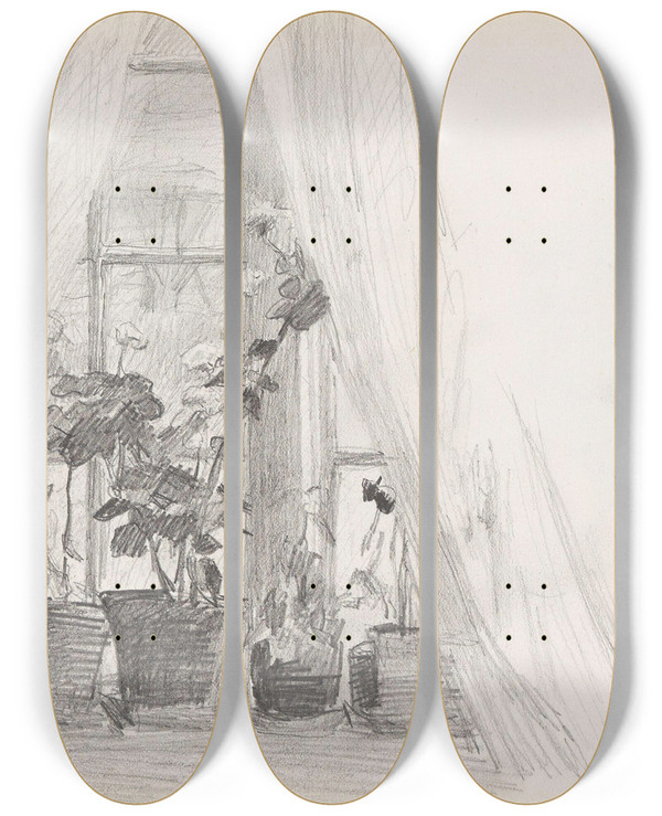 Triptych art skateboard deck of Signe Scheel Vindu Med Blomster by Signe Scheel (1860-1942)
