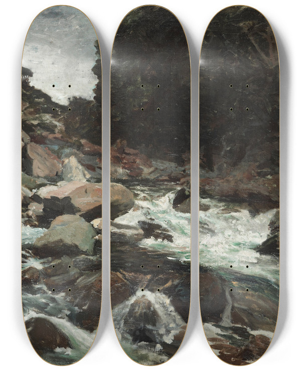 Triptych art skateboard deck of Petrus Van Der Velden Mountain Stream Otira Gorge by Petrus van der Velden (1837-1915)