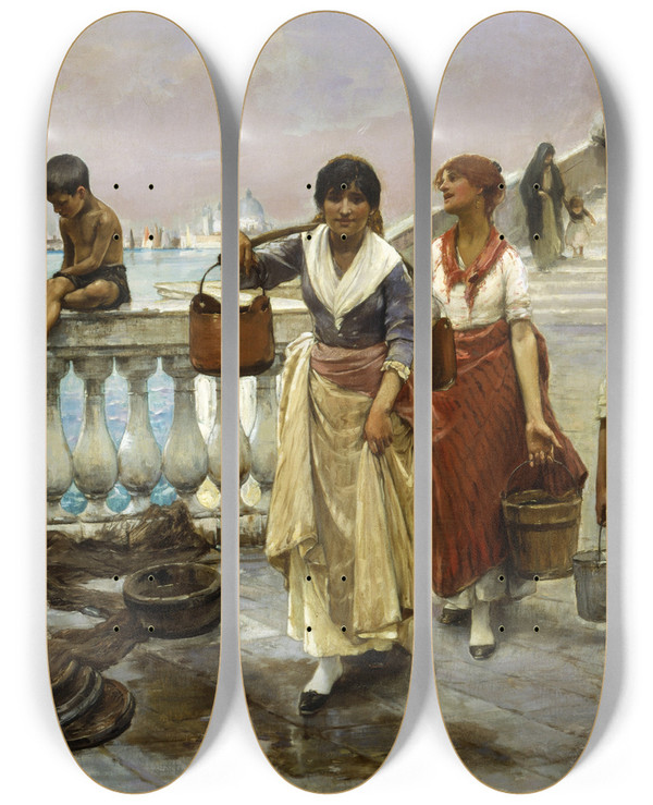 Triptych art skateboard deck of Thomas Wilmer Dewing Water Carriers Venice by Thomas Wilmer Dewing (1851-1938)