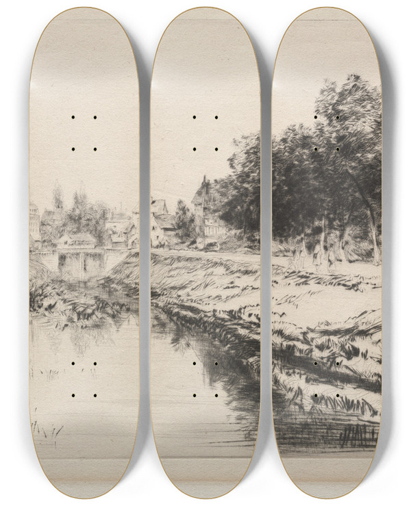 Triptych art skateboard deck of Gustave Leheutre The Guardhouse Troyes by Gustave Leheutre
