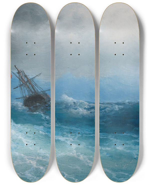 Triptych art skateboard deck of Ivan Konstantinovich Aivazovsky Gathering Storm by Ivan Konstantinovich Aivazovsky (1817-1900)