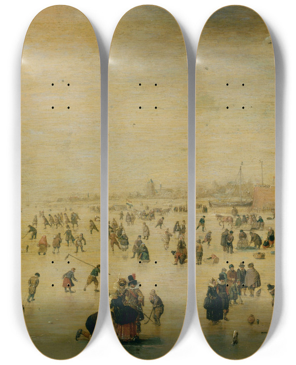 Triptych art skateboard deck of Hendrick Avercamp Skating Scene by Hendrick Avercamp (1585-1634)
