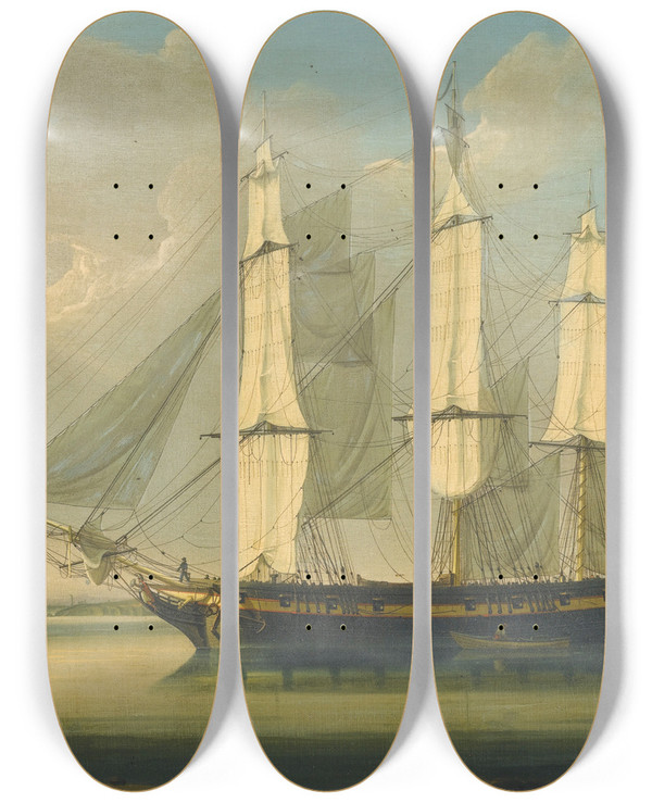 Triptych art skateboard deck of Robert Salmon A Fully Rigged Ship In The Thamesoff Woolwich by Robert Salmon (1775-1845)