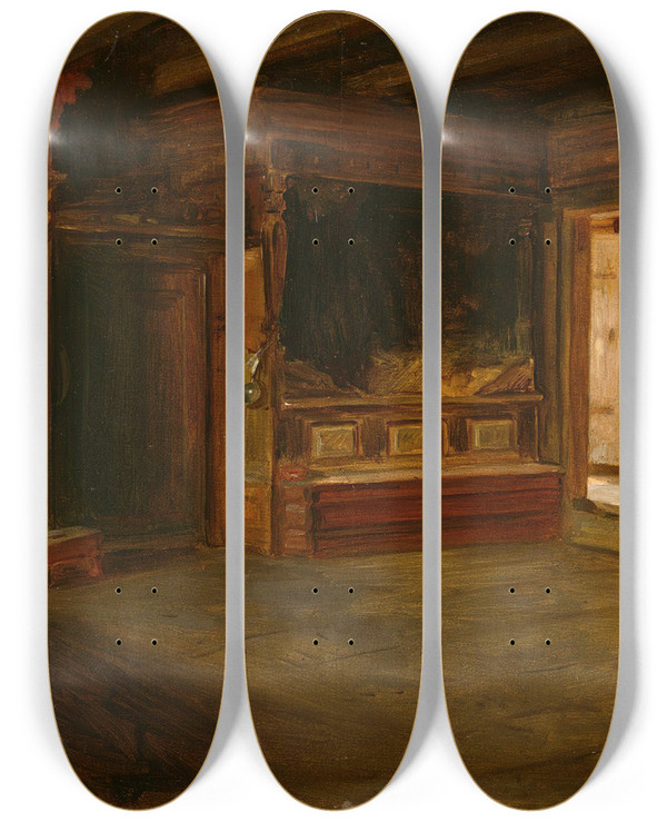 Triptych art skateboard deck of Adolph Tidemand Farm Interior From Sandak by Adolph Tidemand (1814-1876)