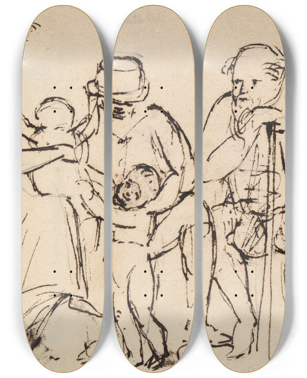 Triptych art skateboard deck of Benjamin Robert Haydon Study Of Seated Figures by Benjamin Robert Haydon (1786-1846)
