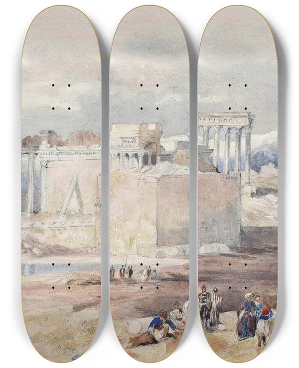 Triptych art skateboard deck of Henry Andrew Harper Arabs Before Baalbek The Lebanon by Henry Andrew Harper (1835-1900)