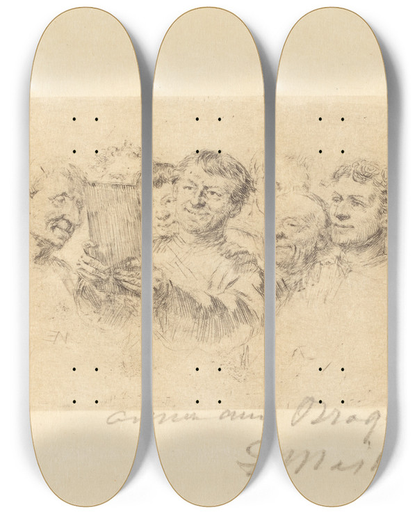 Triptych art skateboard deck of Ernest Meissonier Les Amateurs by Ernest Meissonier (1815-1891)
