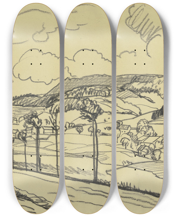 Triptych art skateboard deck of Fried Stern Abtsroda Mit Der Wasserkuppe by Fried Stern (1875-1944)