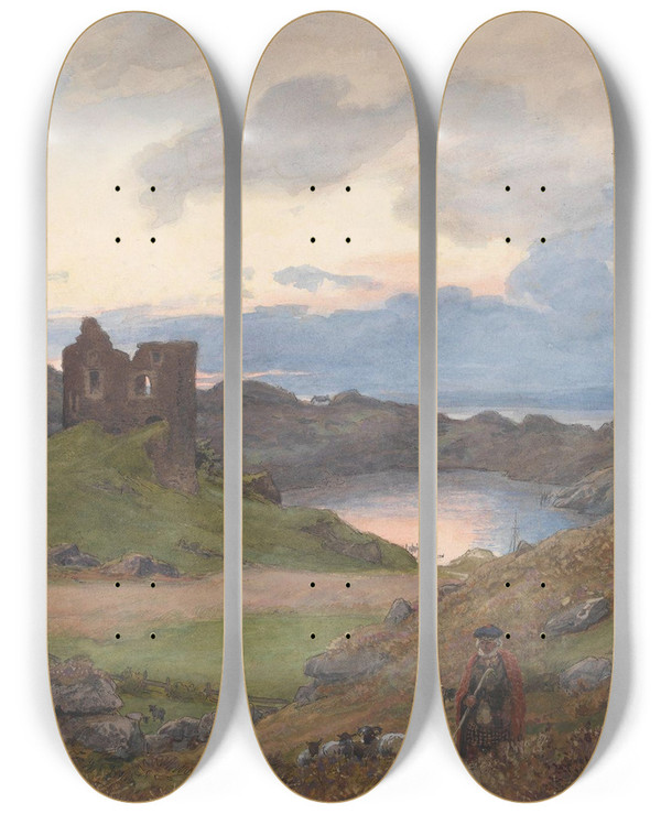 Triptych art skateboard deck of Hans Gude Tarbert Castle Scotland by Hans Gude (1825-1903)