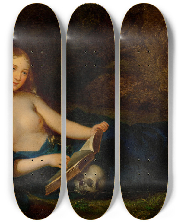 Triptych art skateboard deck of Alexander Clarot Reclining Magdalene by Alexander Clarot (1796-1842)