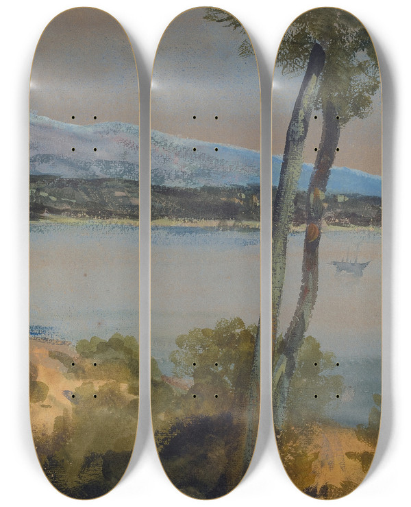 Triptych art skateboard deck of Alphonse Legros Mountains Seen Beyond A Lake by Alphonse Legros (1837-1911)