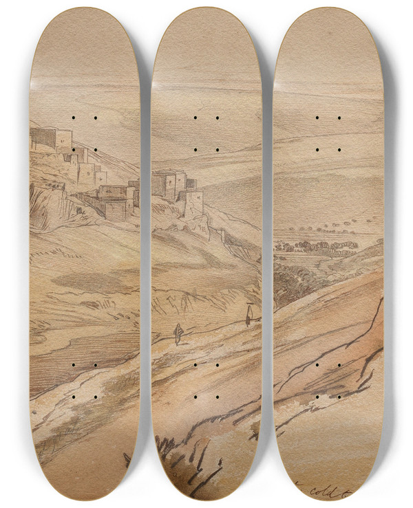 Triptych art skateboard deck of Edward Lear Jerusalem by Edward Lear (1812-1888)