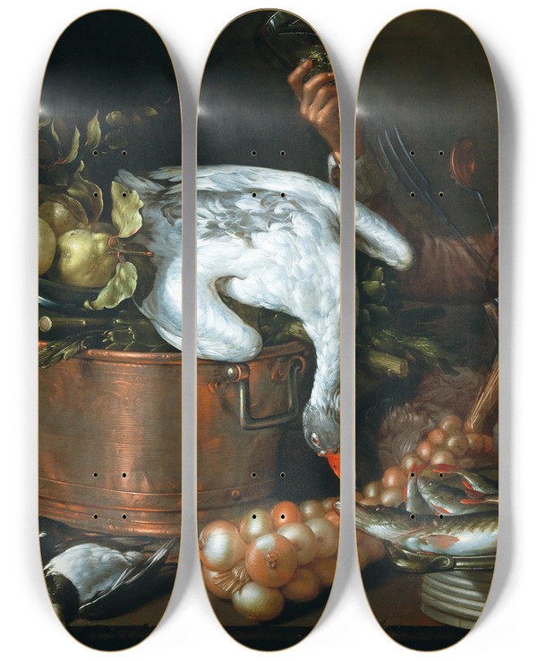 Triptych art skateboard deck of Cornelis Jacobsz Delff A Kitchen Interior With A Drinker Copper And Tin Vessels Game And Fruit by Cornelis Jacobsz Delff (1570-1643)