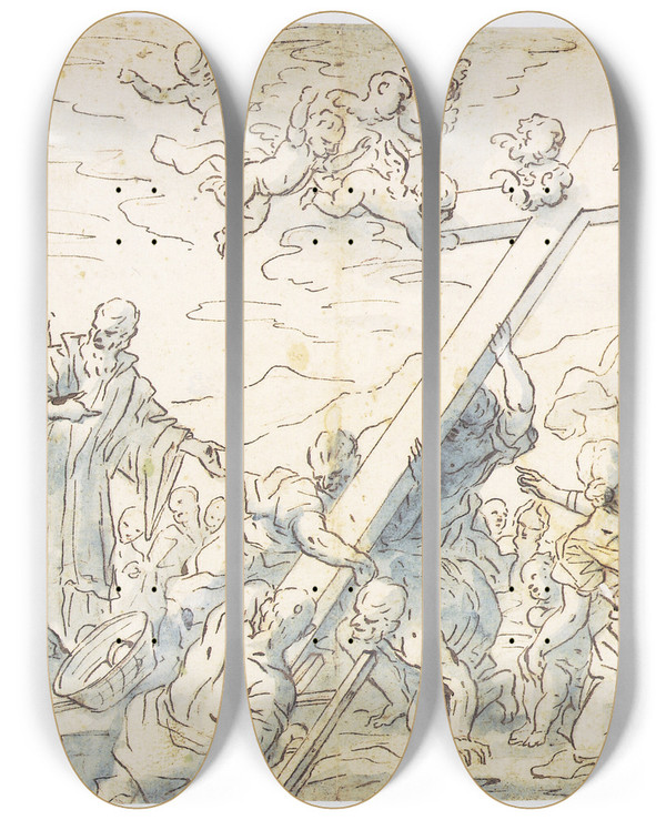 Triptych art skateboard deck of Francesco La Marra Opdagelsen Af Det Sande Kors by Francesco La Marra (1728-1787)