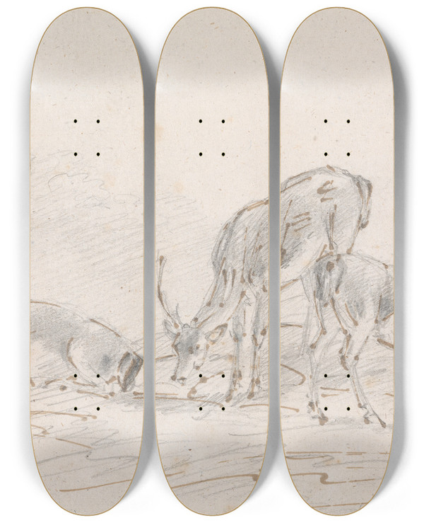 Triptych art skateboard deck of Sawrey Gilpin Three Deer by Sawrey Gilpin (1733-1807)