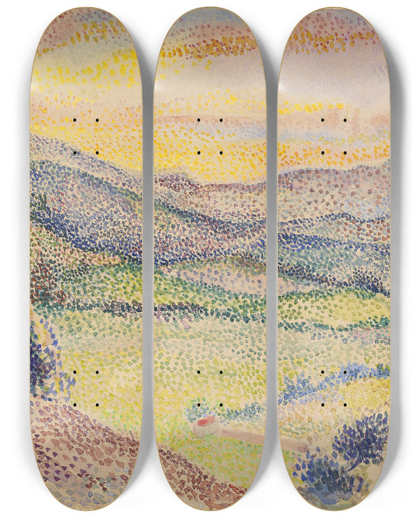 Triptych art skateboard deck of Hippolyte Petitjean A Broad Valley At Sunset by Hippolyte Petitjean (1854-1929)
