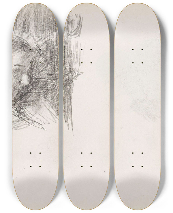 Triptych art skateboard deck of Signe Scheel Kvinnehode I Profil by Signe Scheel (1860-1942)