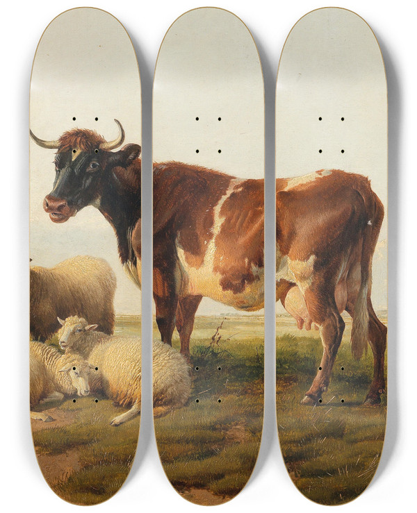 Triptych art skateboard deck of Thomas Sidney Cooper Sheep And Cows In The Meadow by Thomas Sidney Cooper (1803-1902)