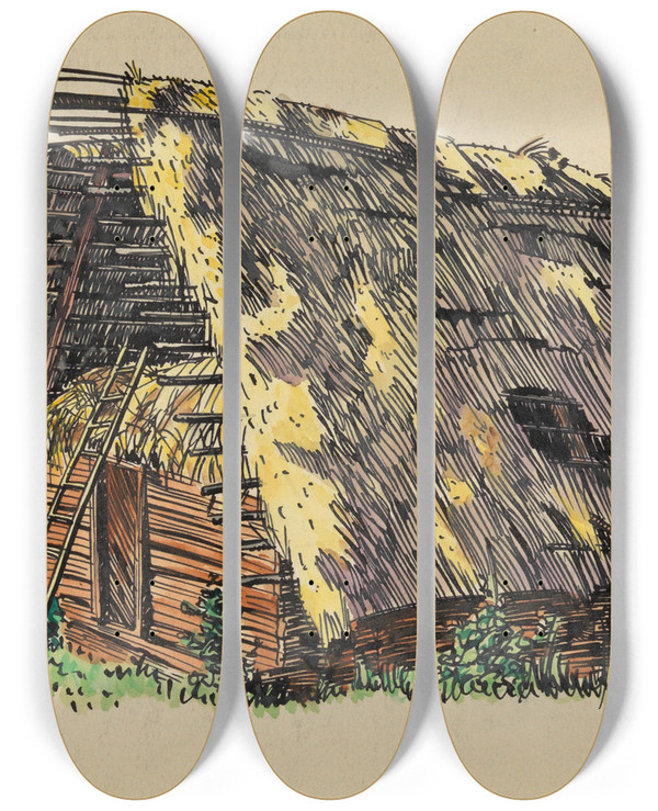 Triptych art skateboard deck of Karl Wiener Ohne Titel Scheune Mit Stroh by Karl Wiener (1901-1949)