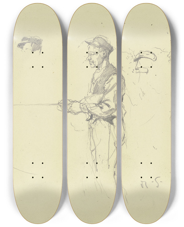 Triptych art skateboard deck of Rudolf Gudden Arbeiter Aus Der Groen Spinnerei Von Edam_3 by Rudolf Gudden (1863-1935)
