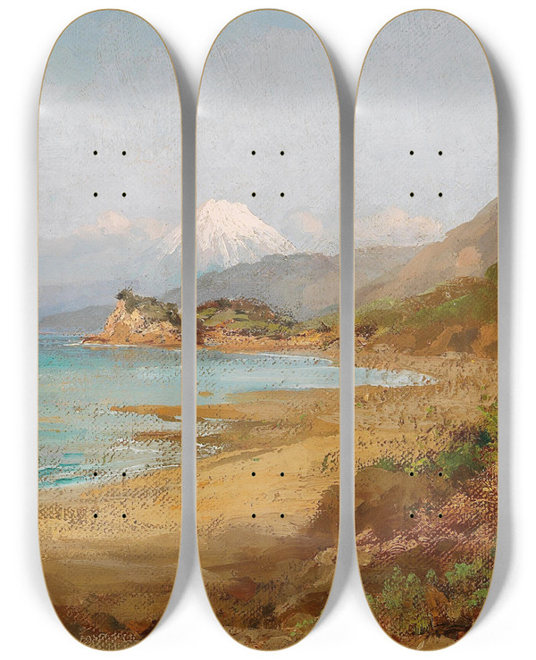 Triptych art skateboard deck of Carl Wuttke Pilgrim On Route To Mount Fuji by Carl Wuttke (1849-1927)