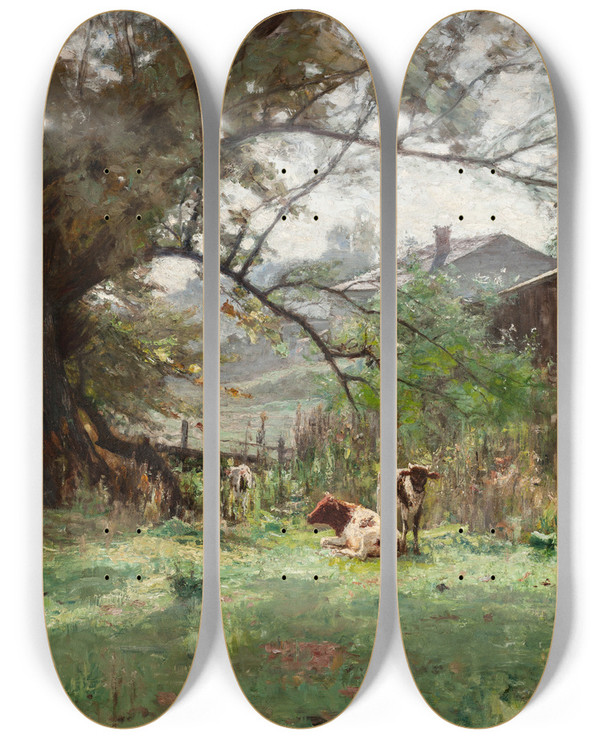 Triptych art skateboard deck of Theodore Clement Steele Morningold Schofields Mill by Theodore Clement Steele (1847-1926)