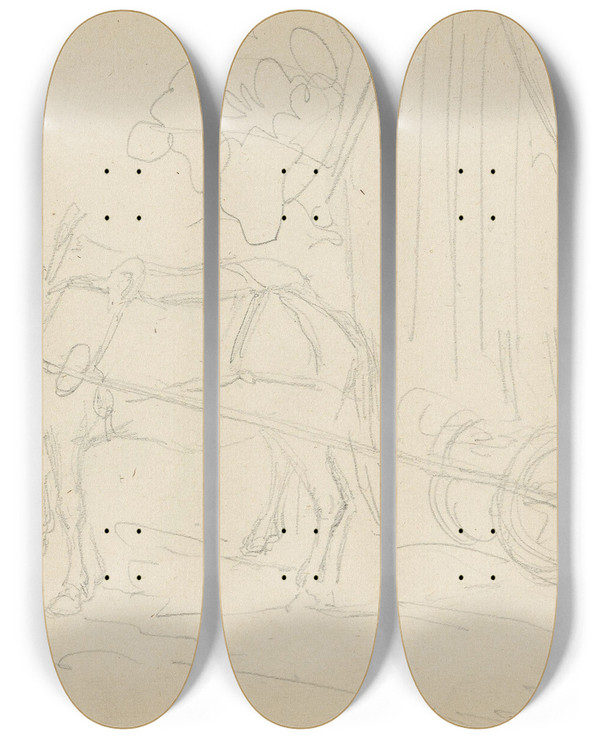 Triptych art skateboard deck of Adolph Tidemand Hester Med Vogn by Adolph Tidemand (1814-1876)