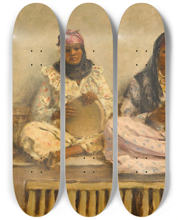 Triptych art skateboard deck of Alphons Leopold Mielich The Musicians by Alphons Leopold Mielich (1863-1929)