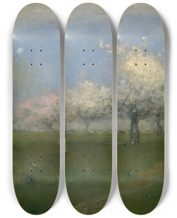 Triptych art skateboard deck of George Inness Spring Blossoms Montclair New Jersey by George Inness (1825-1894)