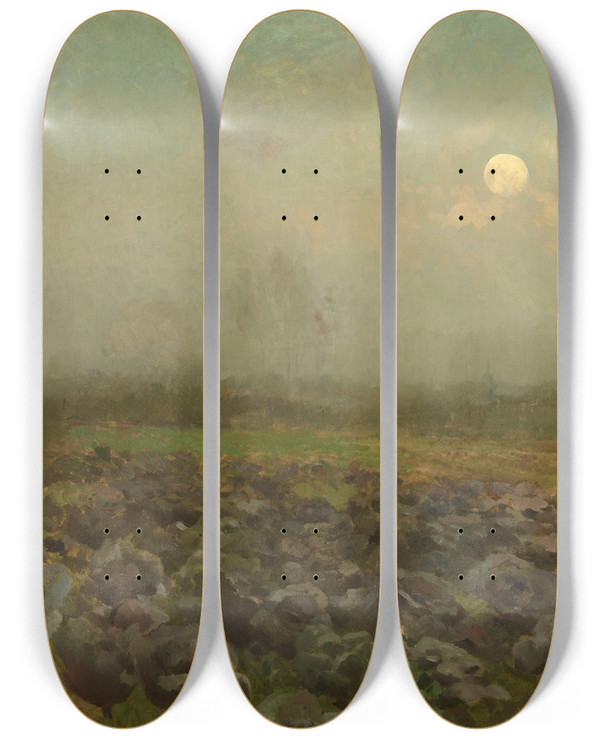 Triptych art skateboard deck of Florent Crabeels Cabbage Field By Moonlight by Florent Crabeels (1829-1896)