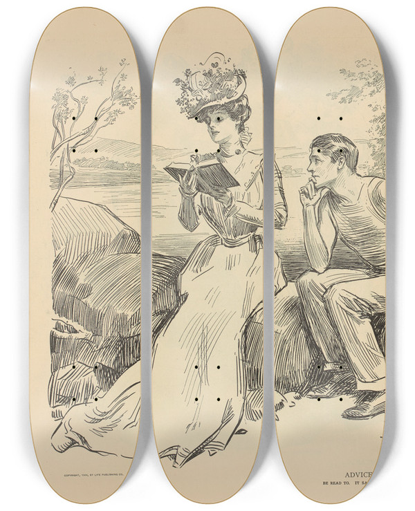 Triptych art skateboard deck of Charles Dana Gibson Advice To Students by Charles Dana Gibson (1867-1944)