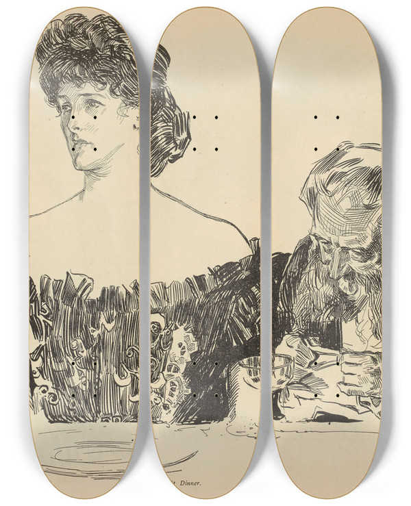 Triptych art skateboard deck of Charles Dana Gibson At Dinner_2 by Charles Dana Gibson (1867-1944)