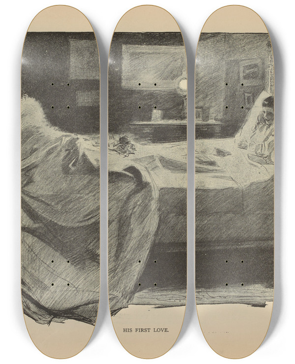Triptych art skateboard deck of Charles Dana Gibson His First Love by Charles Dana Gibson (1867-1944)