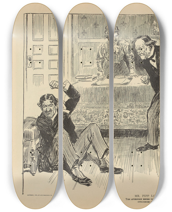 Triptych art skateboard deck of Charles Dana Gibson Mr Pipp Loses His Temper by Charles Dana Gibson (1867-1944)