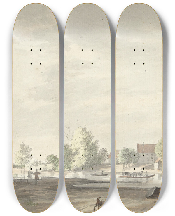 Triptych art skateboard deck of Joseph Adolf Schmetterling Het Veerhuis Aan De Lek Bij Schoonhoven by Joseph Adolf Schmetterling (1751-1828)