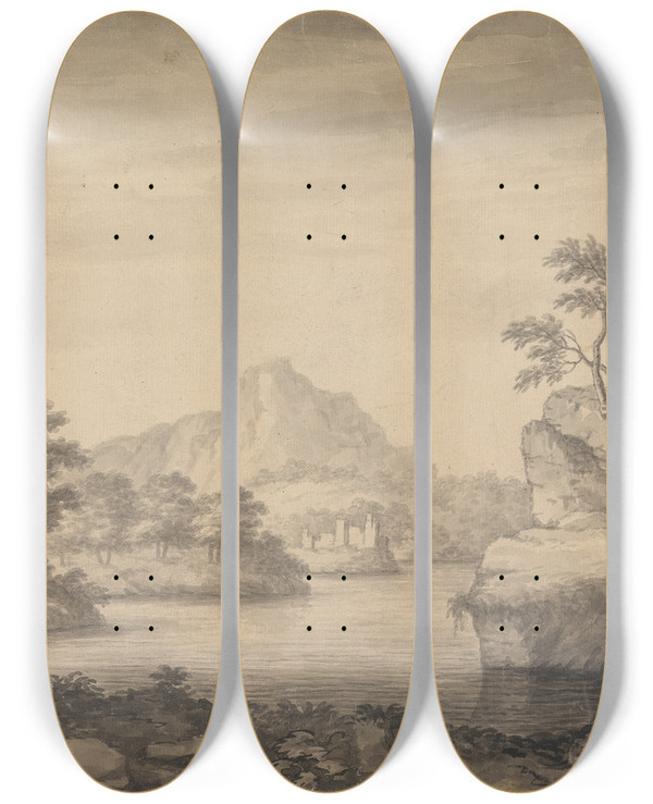 Triptych art skateboard deck of Captain John Bernard Gilpin View From A Riverbank by Captain John Bernard Gilpin (1701-1776)