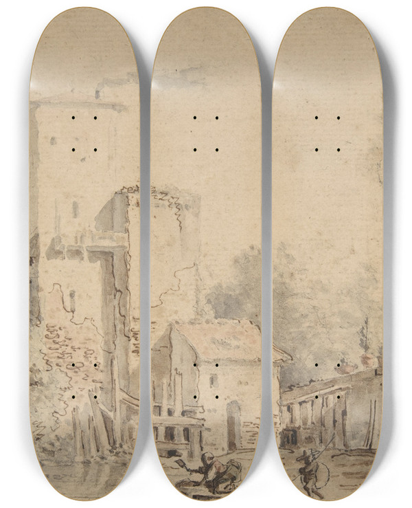 Triptych art skateboard deck of Louis Gabriel Moreau Farm House By A River With Figures by Louis Gabriel Moreau (1740-1806)