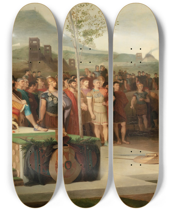 Triptych art skateboard deck of Mile Lvy Vercingetorixthrows Down His Arms At The Feet Of Juliuscaesar by mile Lvy (1826-1890)