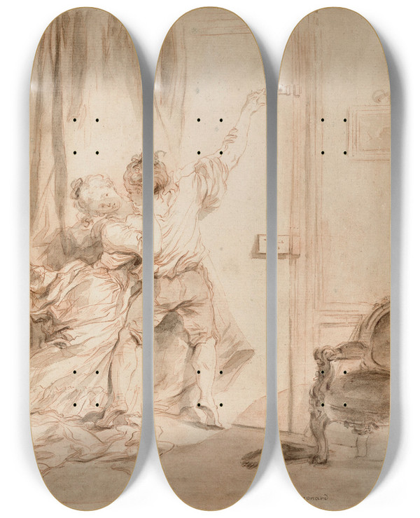 Triptych art skateboard deck of Jeanhonor Fragonard Le Verrou The Bolt_2 by Jean-Honor Fragonard (1732-1806)