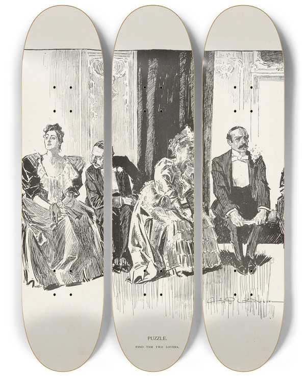 Triptych art skateboard deck of Charles Dana Gibson Puzzle Find The Two Lovers_1 by Charles Dana Gibson (1867-1944)