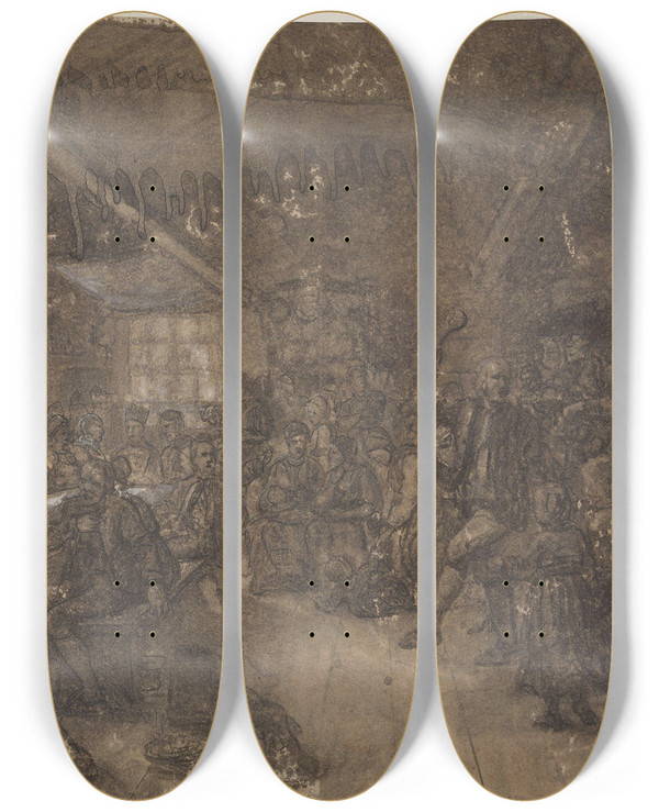 Triptych art skateboard deck of Adolph Tidemand Bondebryllup I Et Interir by Adolph Tidemand (1814-1876)