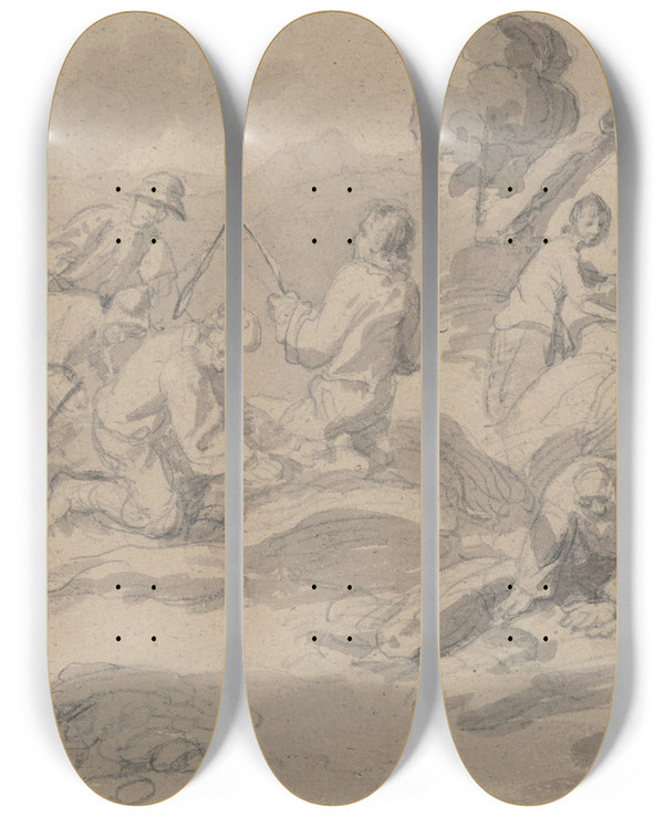 Triptych art skateboard deck of James Ward Farm Workers Flailing Corn by James Ward (1769-1859)