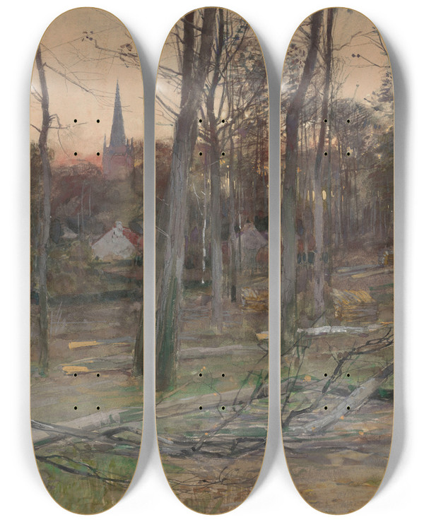 Triptych art skateboard deck of Gustave Den Duyts Fallen Trees by Gustave Den Duyts (1850-1897)